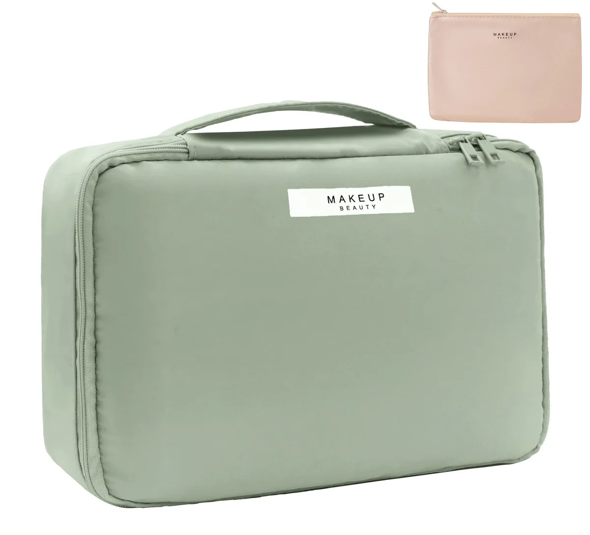 Green fabric cosmetic bag with handle and double zipper, plus detachable inner pouch