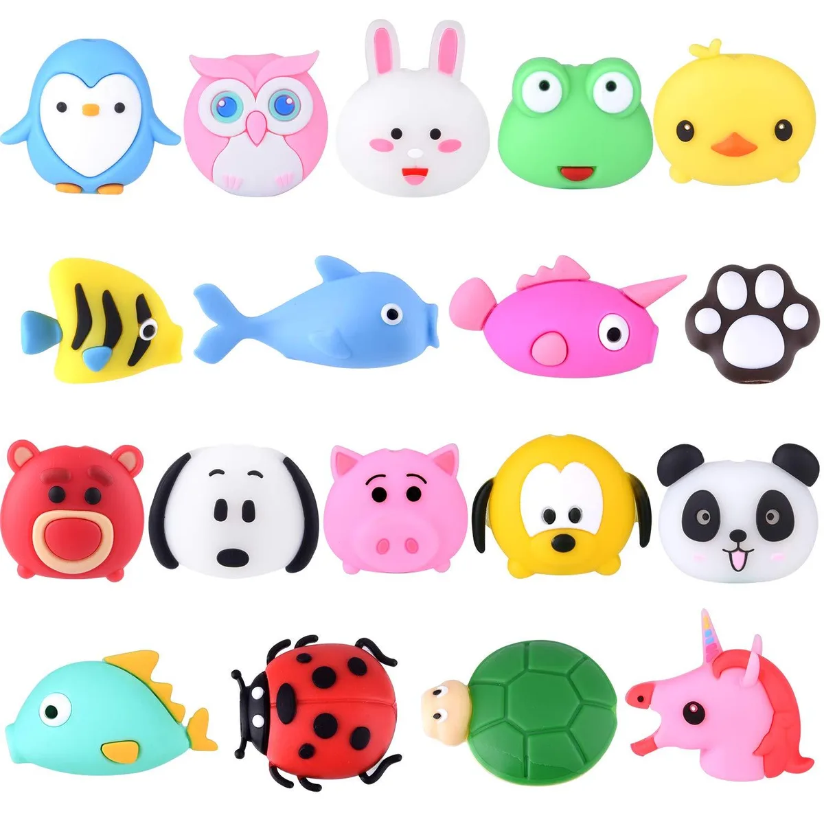 Eighteen small PVC cable protectors in assorted animal and fruit shapes, black finish, for Lightning and USB cables
