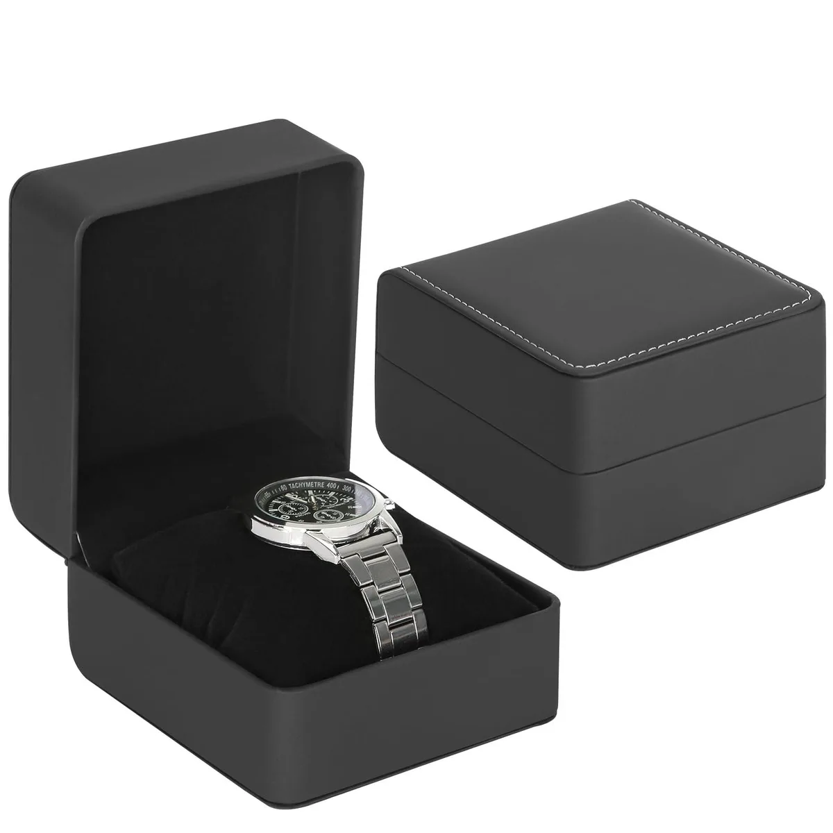 Black faux leather watch box with removable pillow, compact rectangular shape, 11.2×10.3×7.1cm