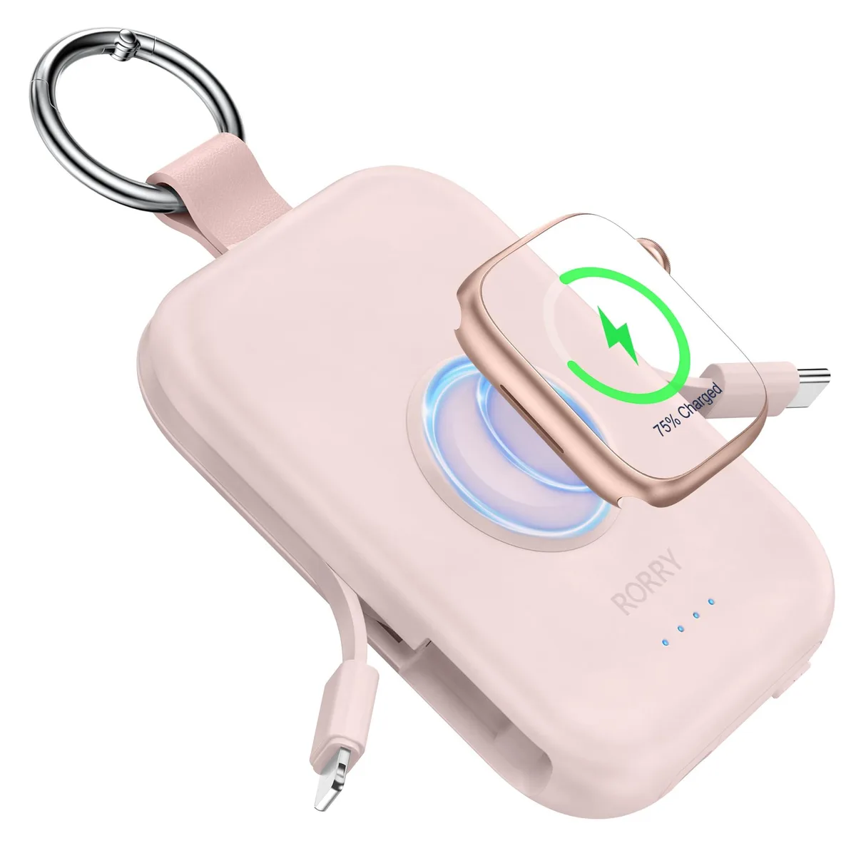 Pink rectangular power bank with built-in cables and keychain loop