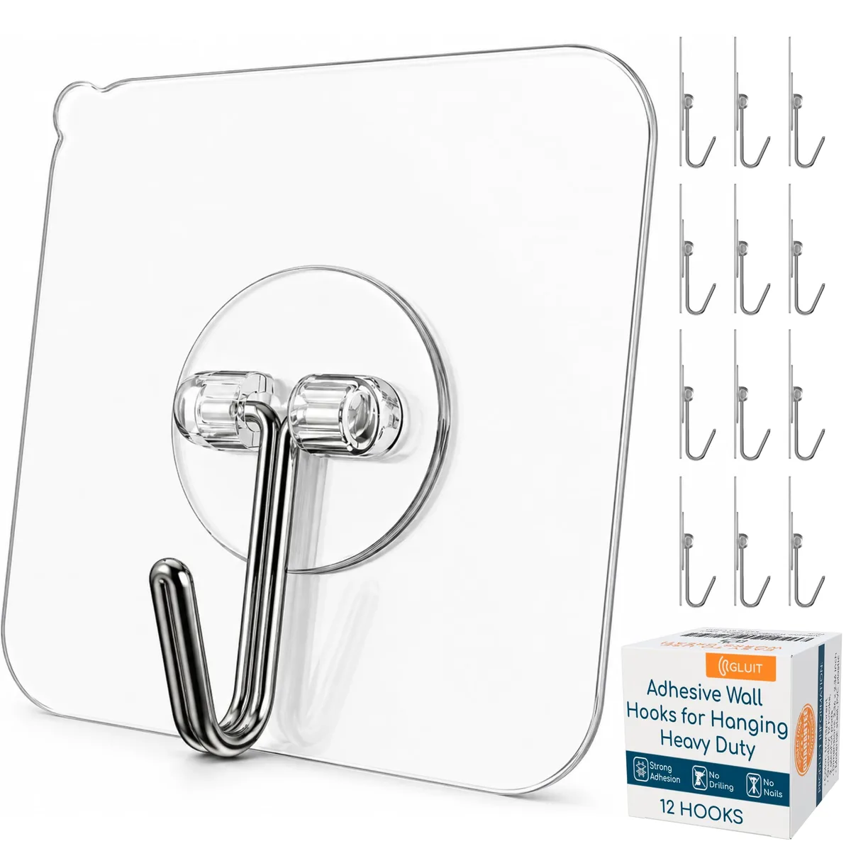 Clear adhesive hooks in a 12 pack, transparent finish, smooth curved form factor