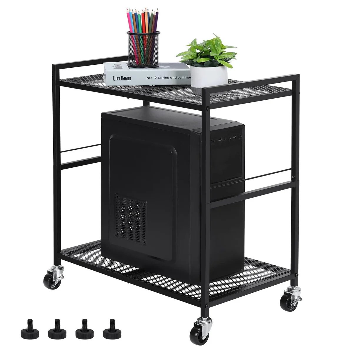 Black metal two-tier rolling CPU stand with mesh shelves and four caster wheels