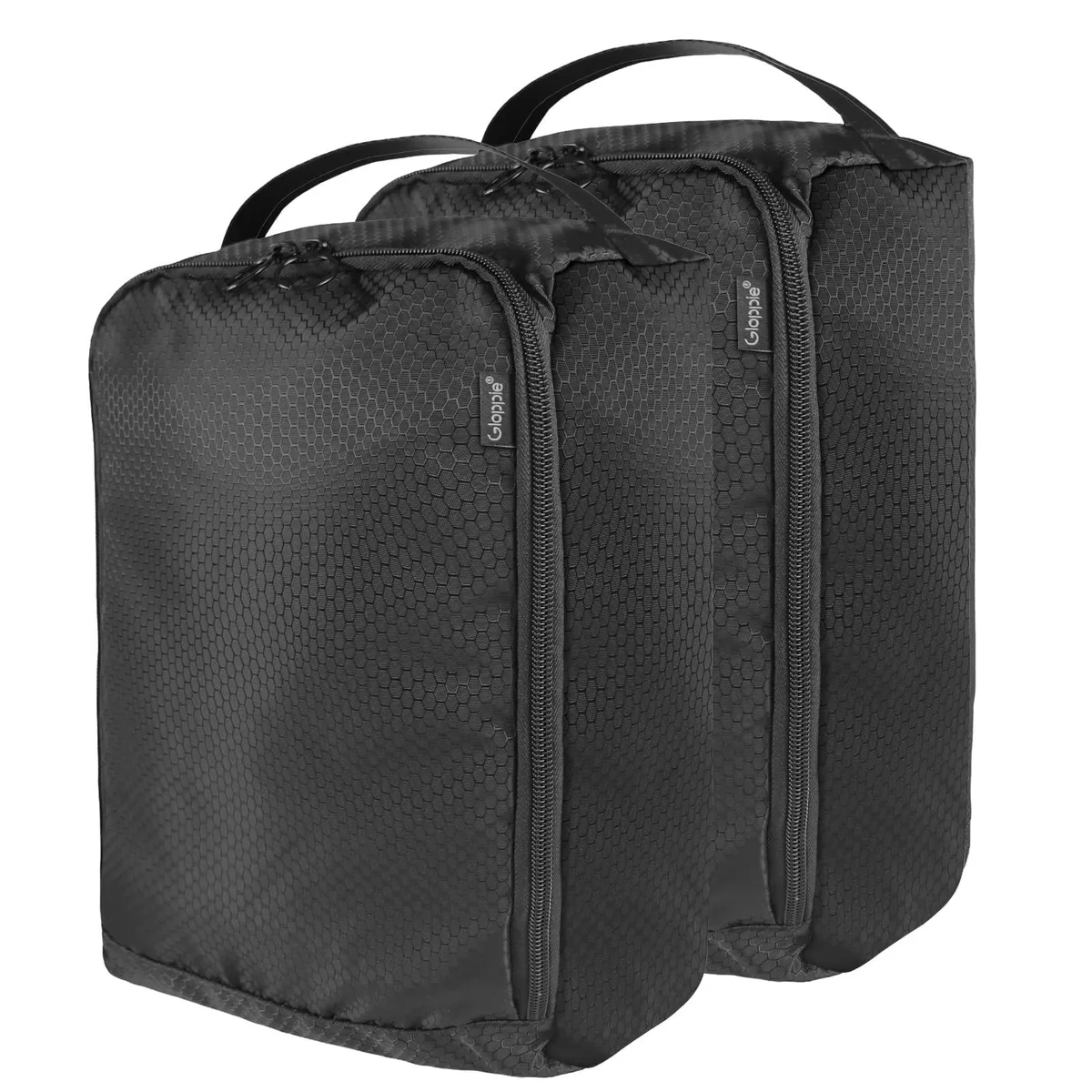 Two black rectangular shoe bags with handles and zippers