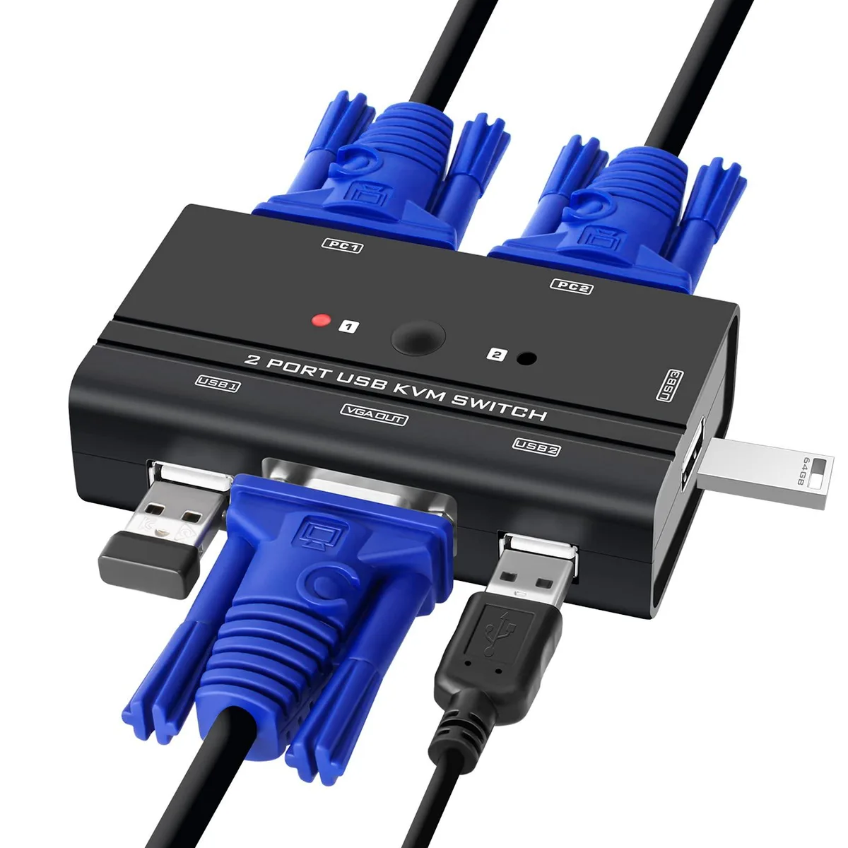 Compact beige box with push buttons and LED indicators, two attached VGA USB cables, VGA and USB ports visible