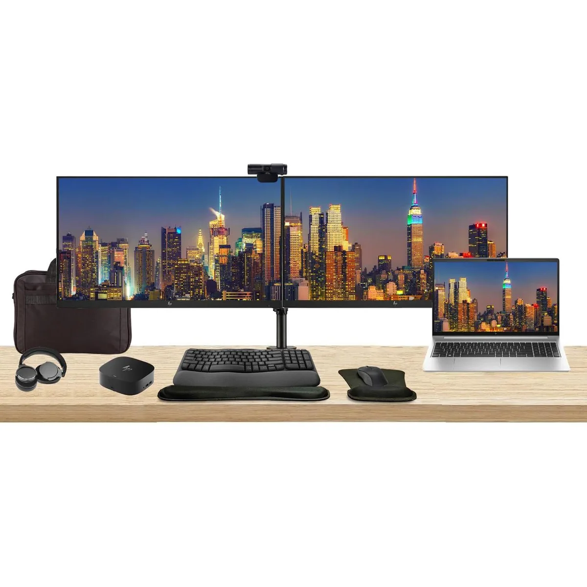 HP HP ProBook 450 G10 i5 8GB 256GB laptop bundle 2×27" monitors dock keyboard mouse webcam headphones bag — product photo