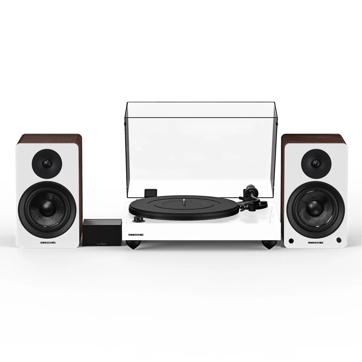 Fluance Fluance RT82WHPA41WW Turntable White 90W Bookshelf Speakers White Walnut Ortofon OM10 Cartridge — product photo