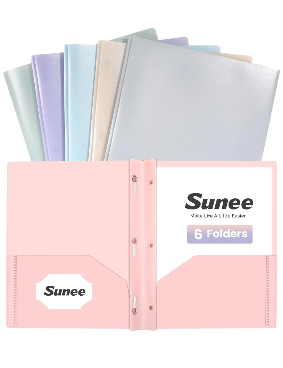Six pastel polypropylene folders with three prongs and two pockets each