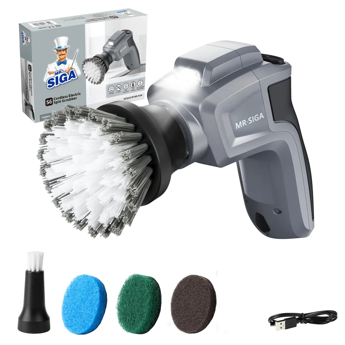White cordless spin scrubber with LED light and five brush heads, 23.2 cm tall