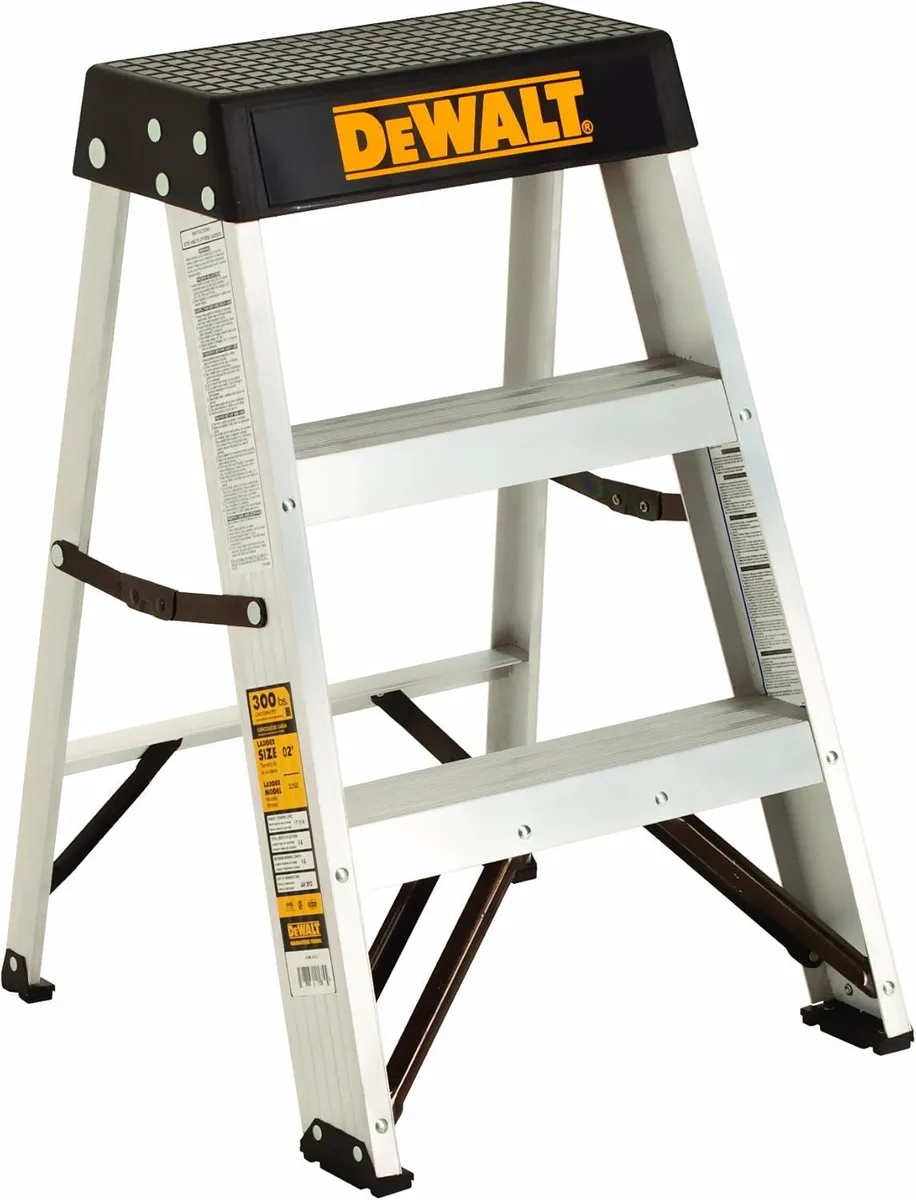 Silver two-step industrial ladder with heavy gusset bracing