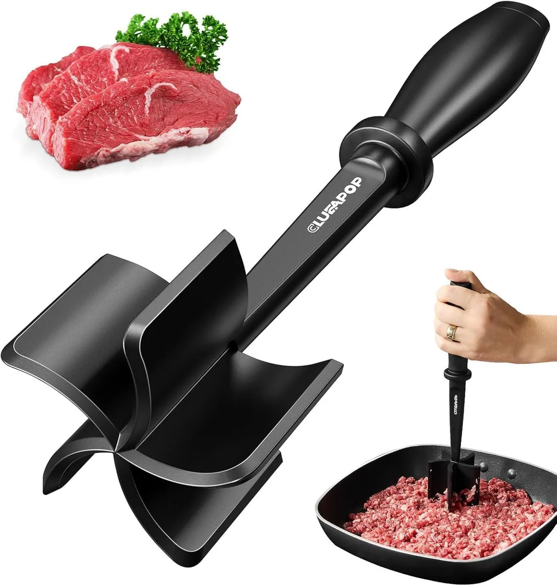 Black nylon meat chopper with five wide pinwheel blades and ergonomic handle