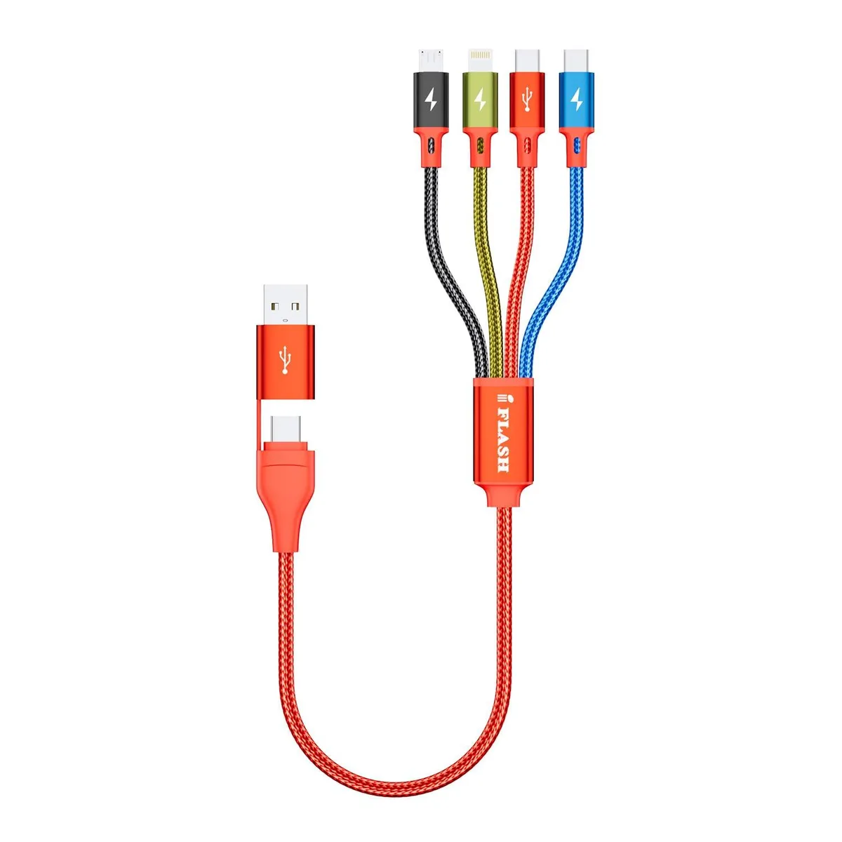 Red nylon-braided 1.5 ft cable with USB-A and USB-C plugs splitting to four connectors