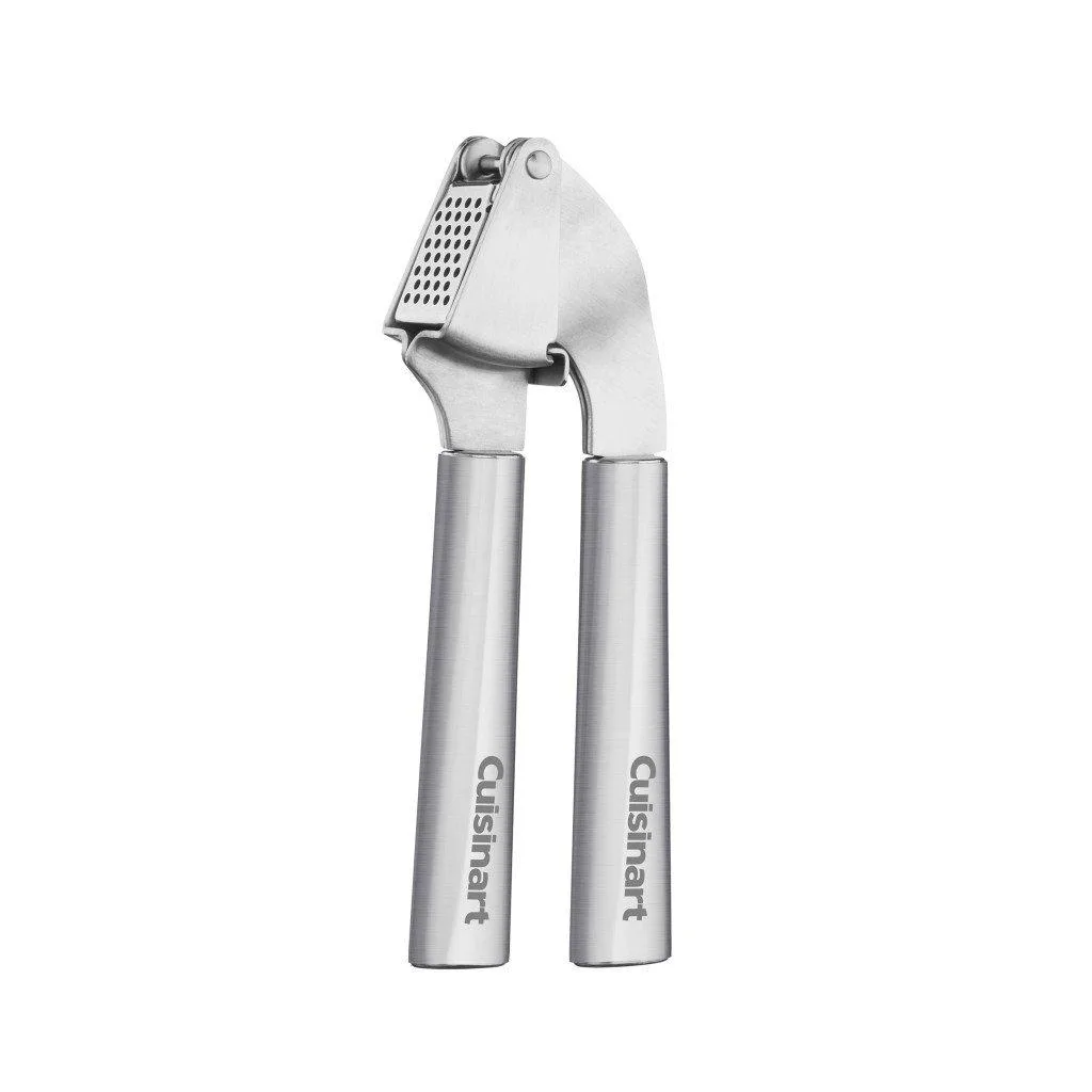 Silver stainless steel garlic press with curved handles