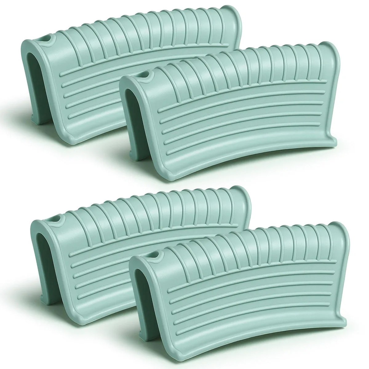 Mint green silicone pan handle holder with textured grip and hanging hole