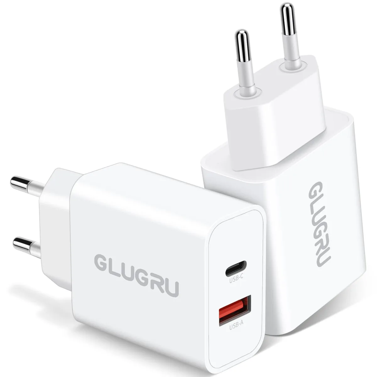  GLUGRU XY20R85 2-pack 20W dual-port USB-C wall charger with EU plug adapter — product photo