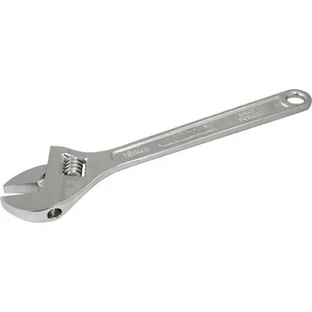 15 inch adjustable wrench with chrome finish and size markings