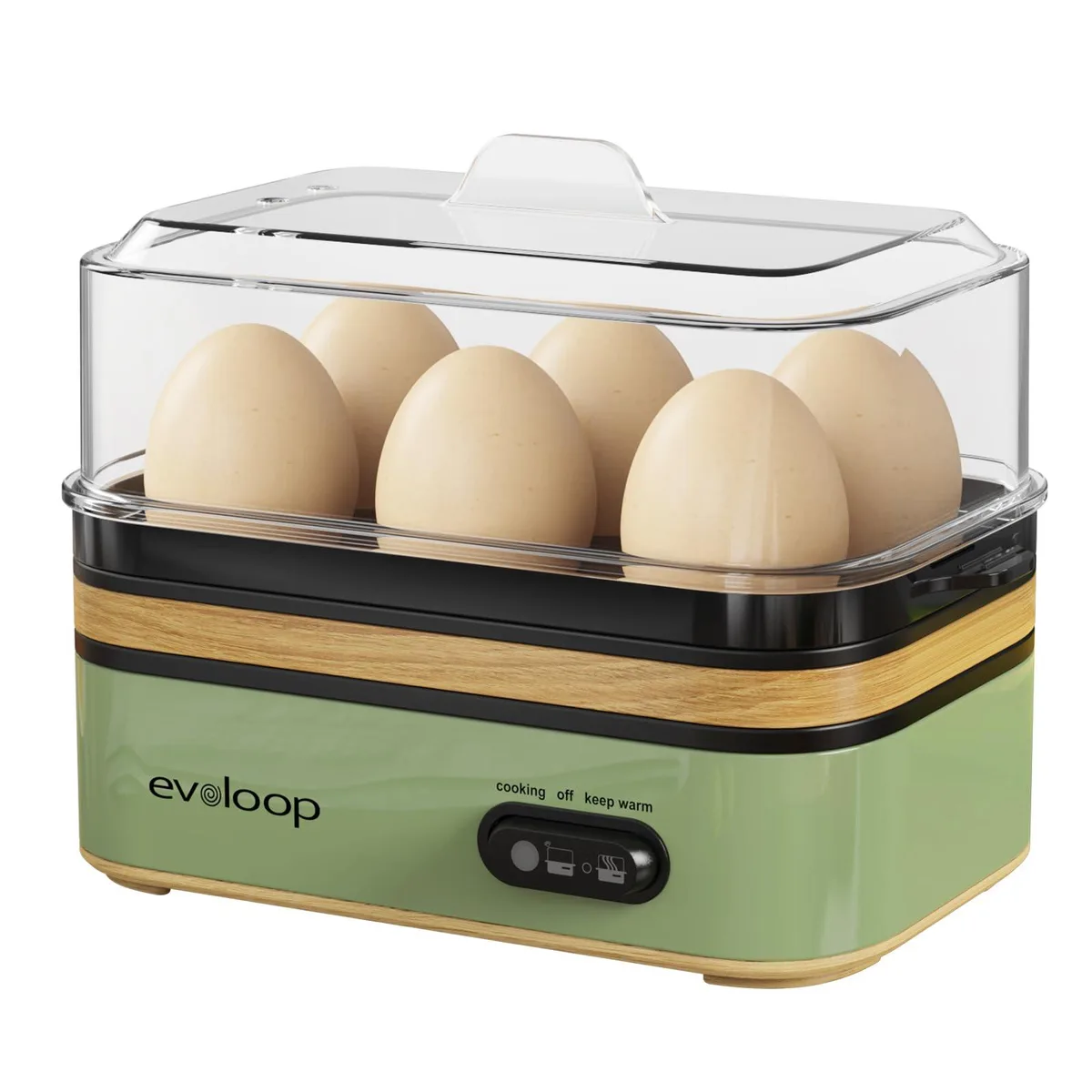 Compact retro-green egg cooker with transparent lid and white base