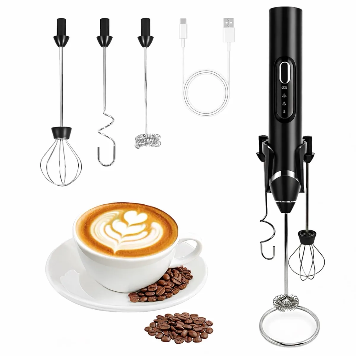 Brentwood J17 rechargeable milk frother with 3 whisk heads and stand — product photo