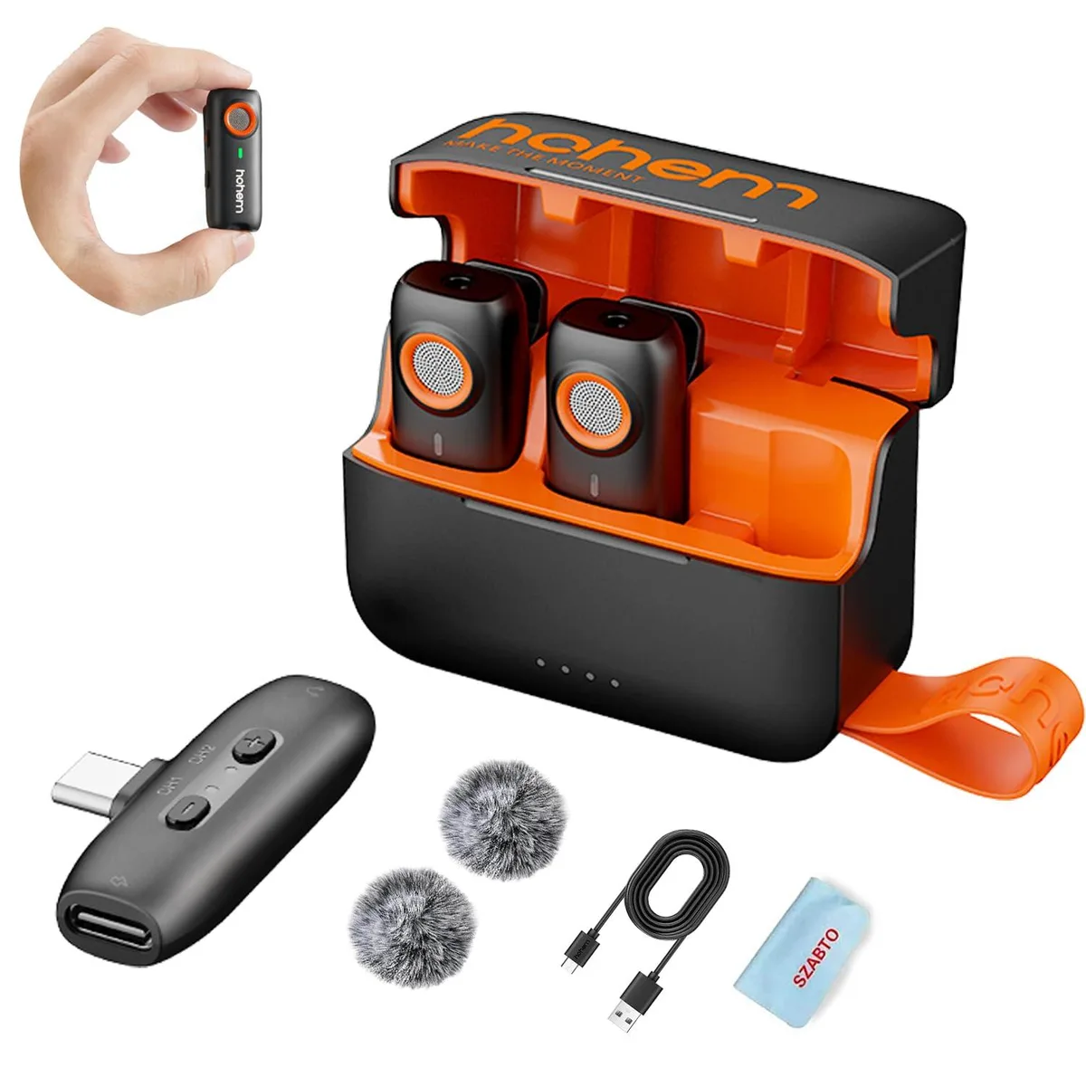 Black wireless lavalier microphone kit with two clip-on transmitters, USB-C receiver and charging case