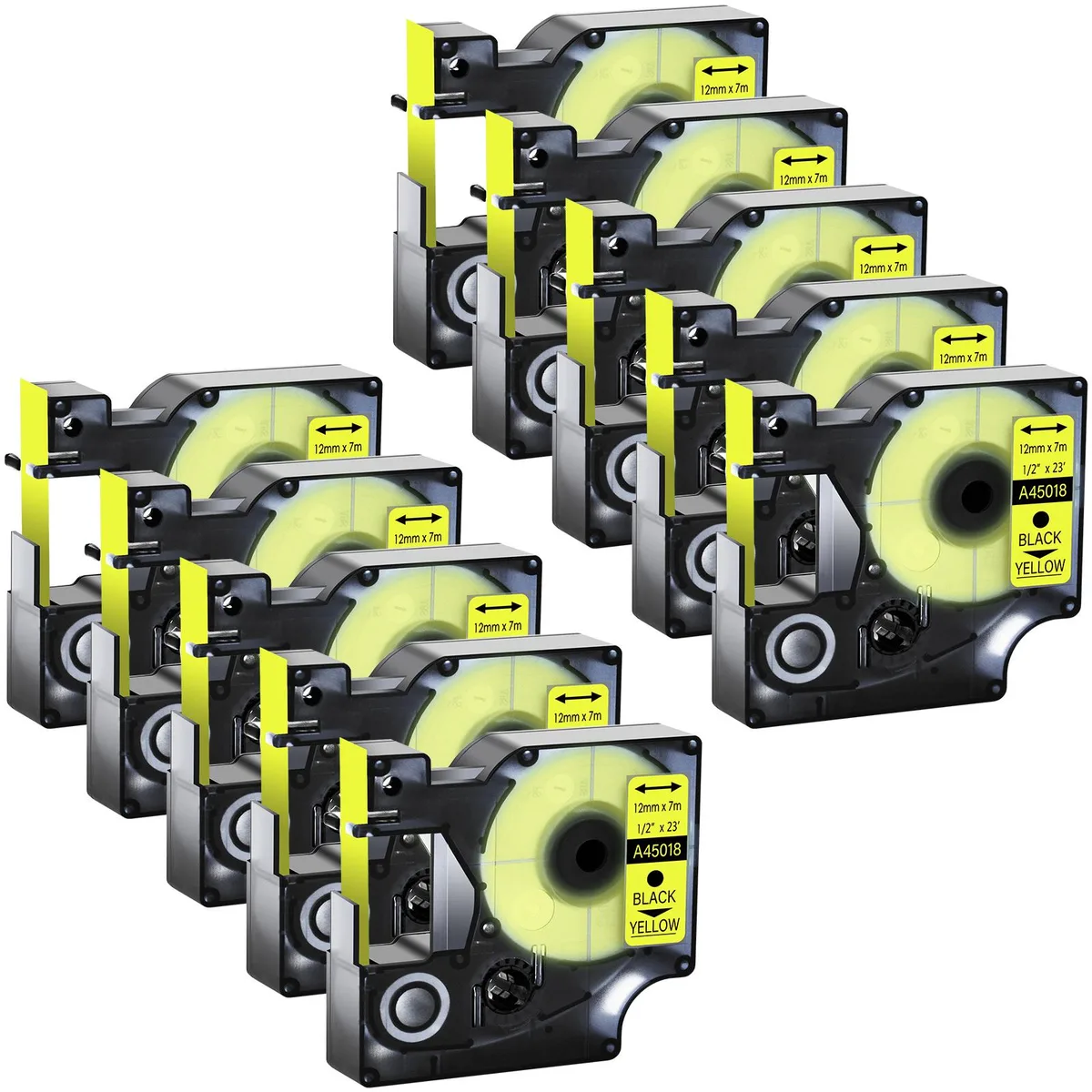 GREENCYCLE GREENCYCLE 10 Pack D1 Label Tape Black on Yellow 12mm x 23ft — product photo