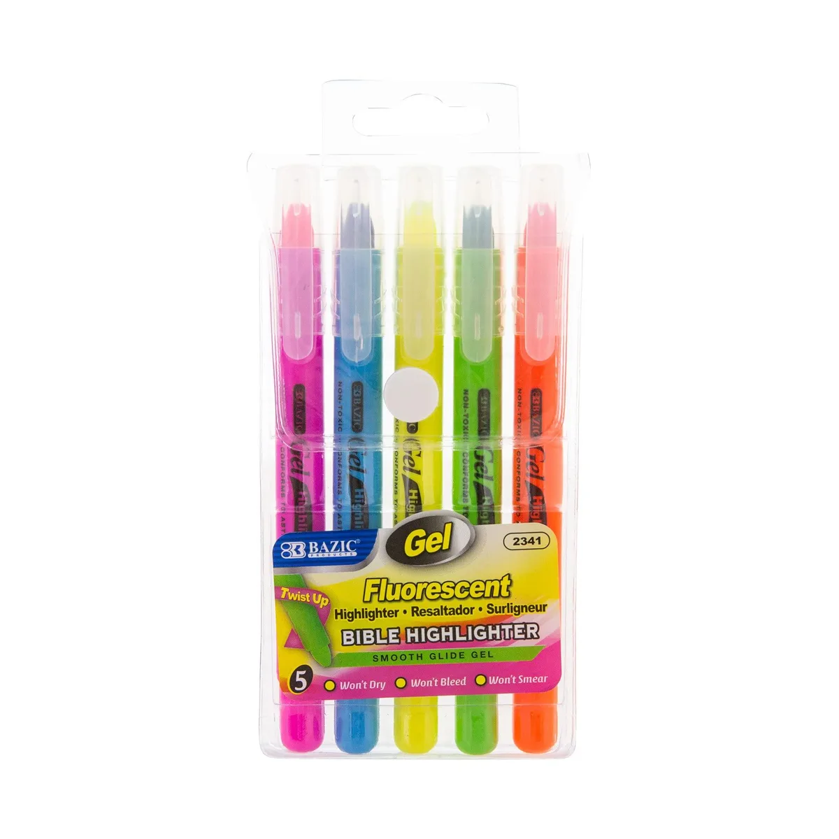 Five fluorescent gel highlighters in assorted barrel colors, twist-up design with pocket clips