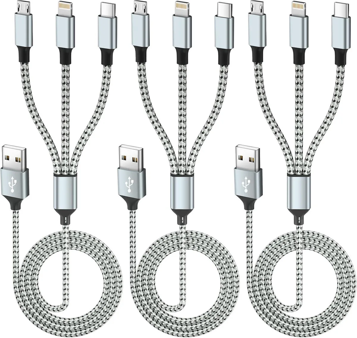 Miimall Miimall 3-in-1 Multi Charging Cable 3-Pack 4ft USB-A to Type-C Micro USB IP Port — product photo