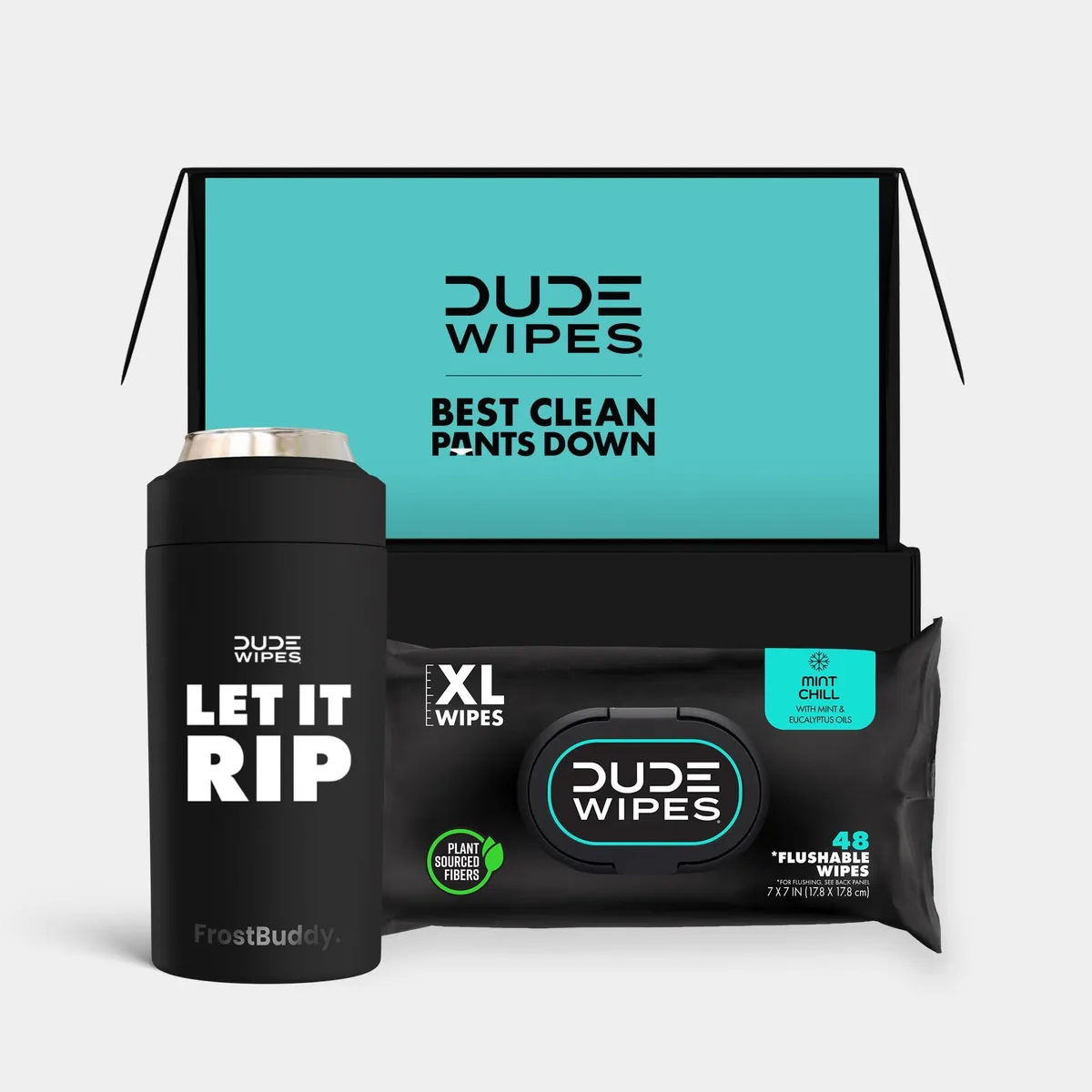 Rectangular boxed set containing 48 flushable wipes and a stainless steel can cooler