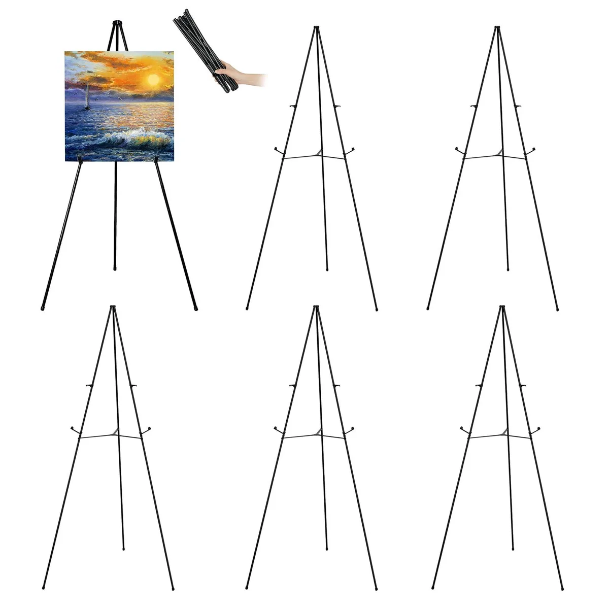 Six black metal A-frame easels folded flat, each 15 inches long, with carry bag