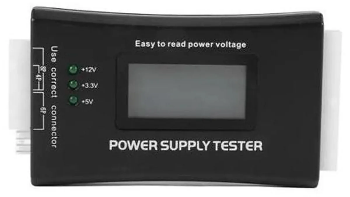 Compact handheld PSU tester with 20+4 pin LCD display and SATA connectors