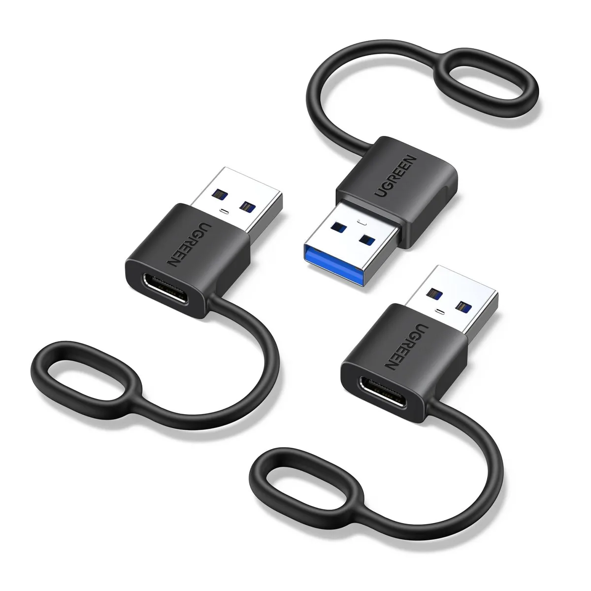 Three small black USB-C female to USB-A male adapters with silicone rings