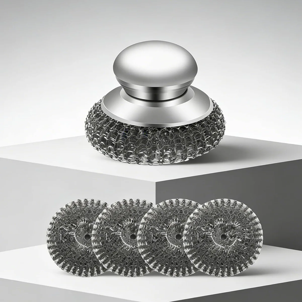Stainless steel scrubber with handle and four scouring pads