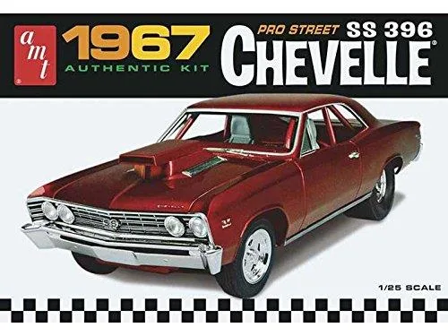 Unassembled 1/25 scale plastic kit of a 1967 Chevy Chevelle Pro Street in two-tone colours with chrome parts and decals