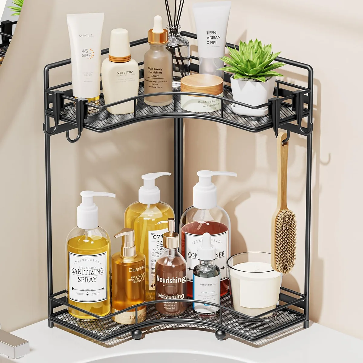 Black two-tier corner shelf unit, square wire mesh tiers with four side hooks, 8.66 inch footprint