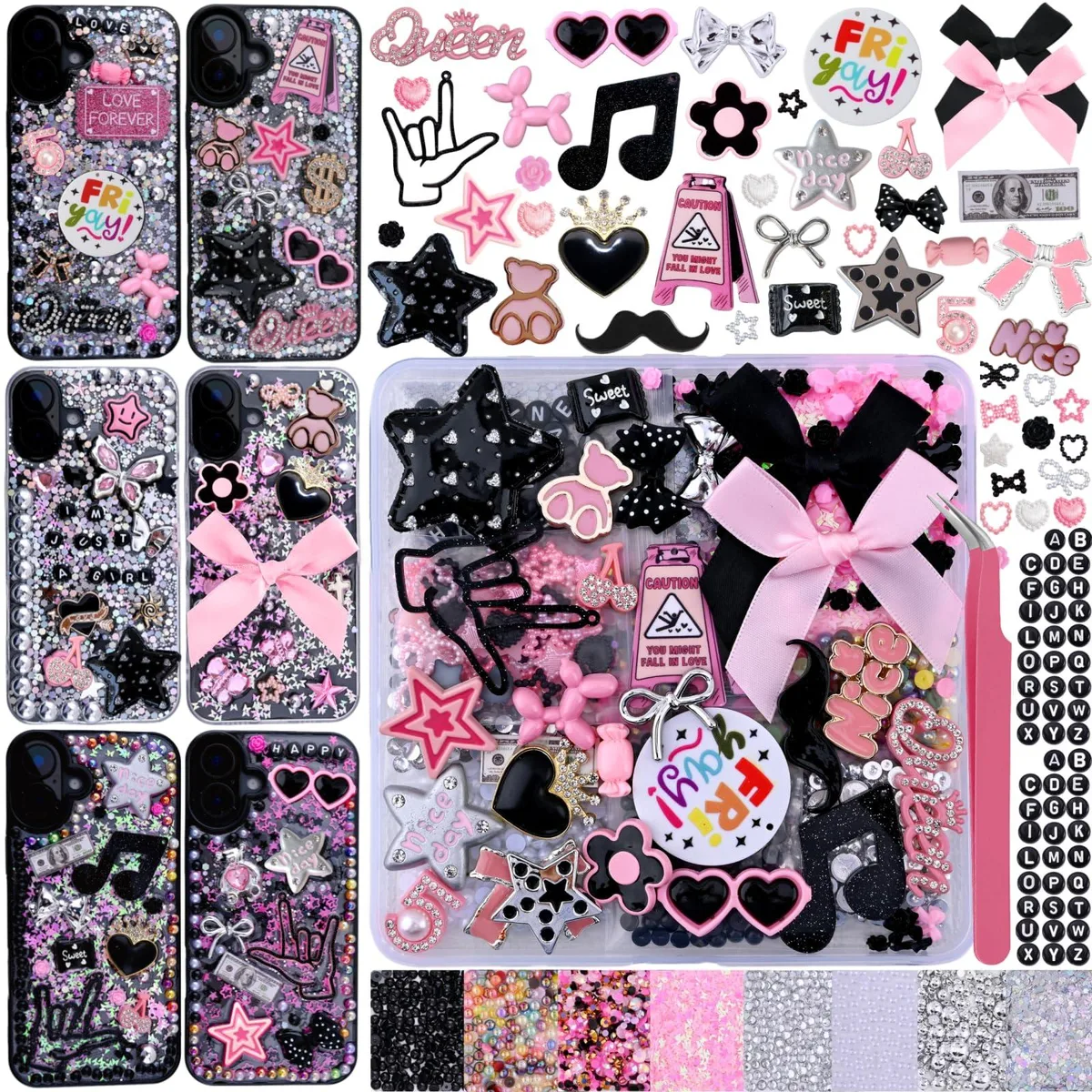  Evening Crystals 1600Pcs Junk Phone Case Charms Kit (Pink) — product photo