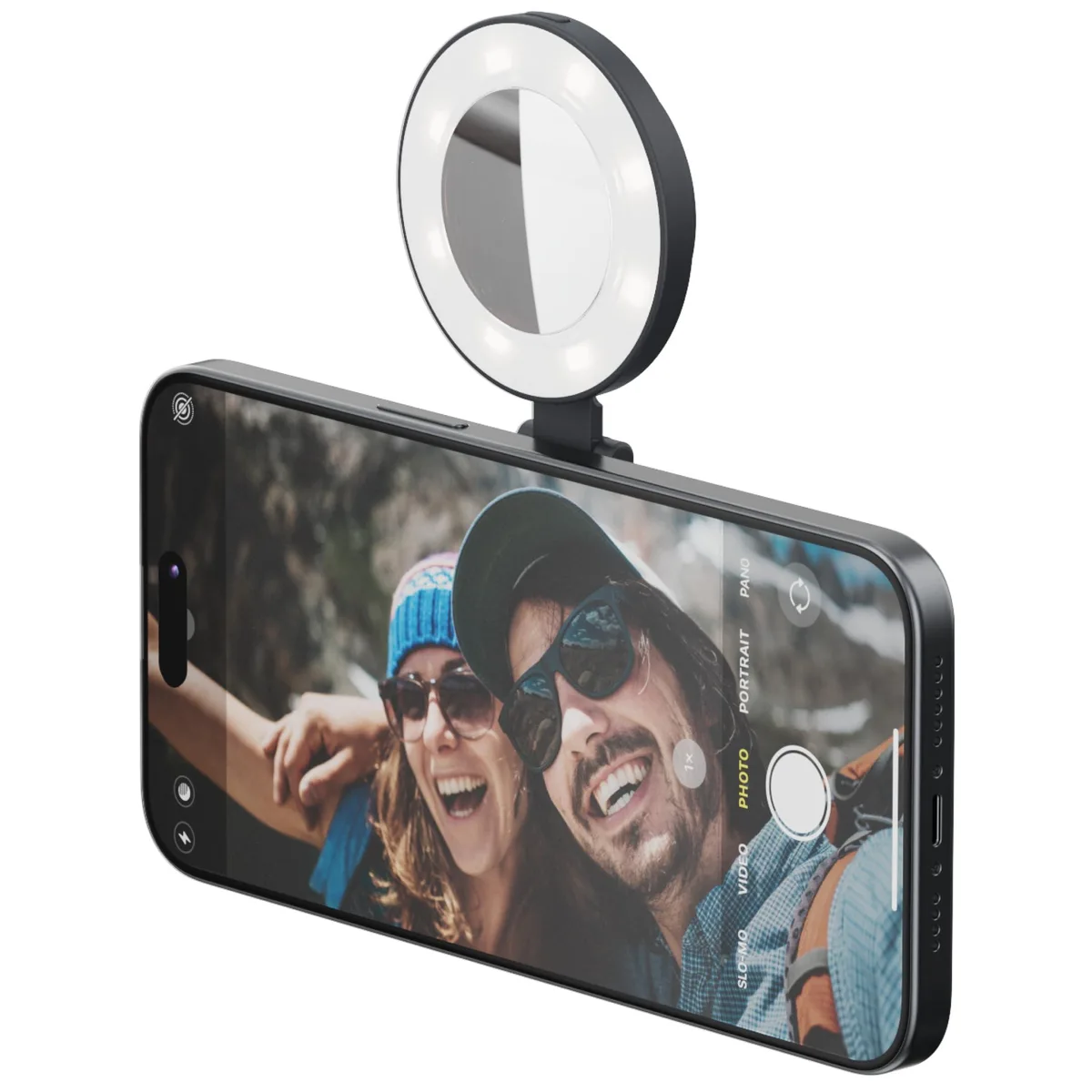 Midnight LED ring light with magnetic phone mount, flippable hinge and centre mirror