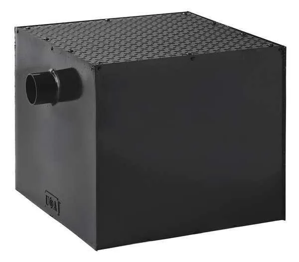 Rectangular coated steel grease interceptor with diamond plate cover visible dimensions 22 by 23 by 19 inches flow rate 35 gpm