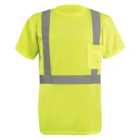 Yellow high-visibility polyester T-shirt with reflective U-back stripe tagless collar short sleeves chest pocket lightweight birdseye