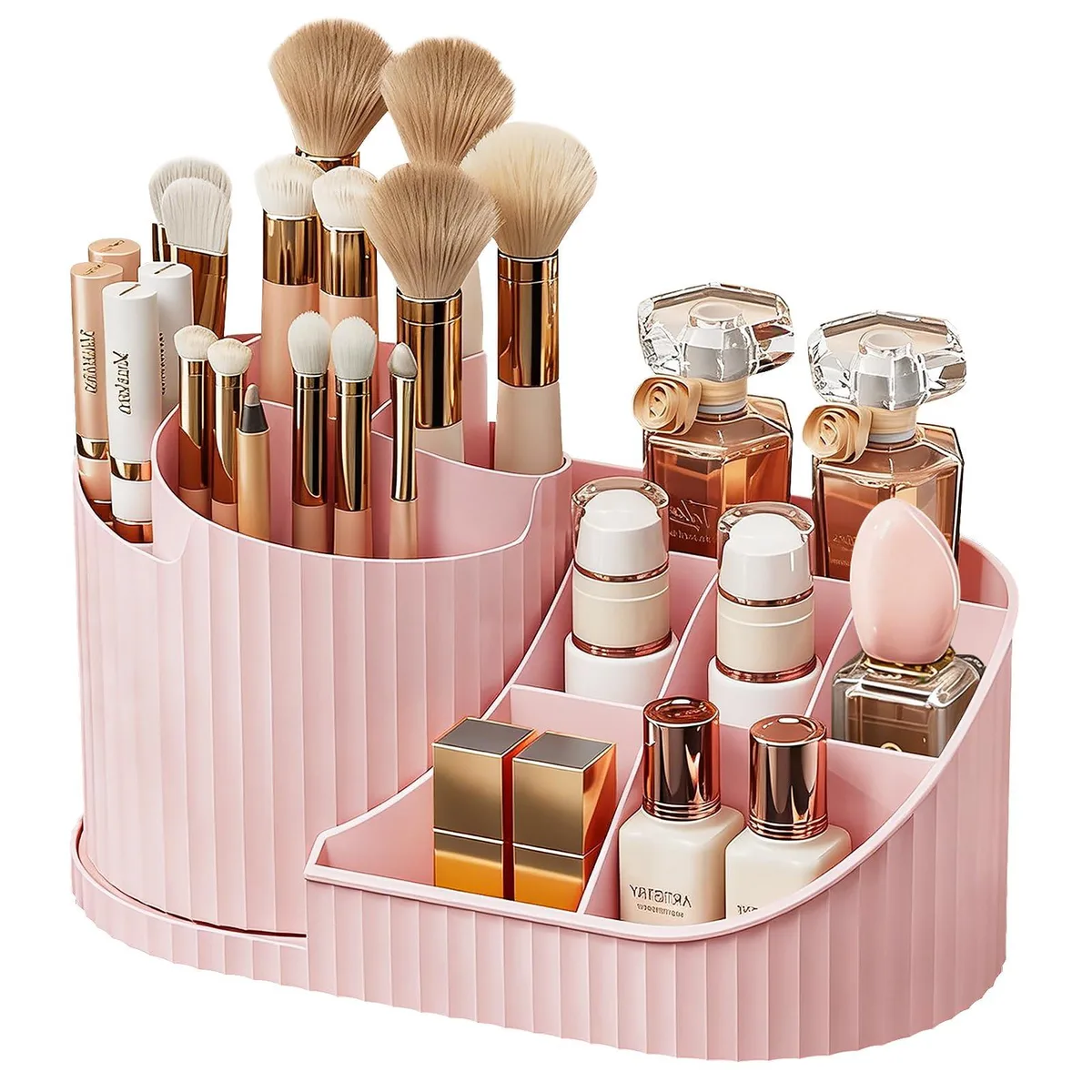 Pink rotating makeup brush holder with five compartments and floral design