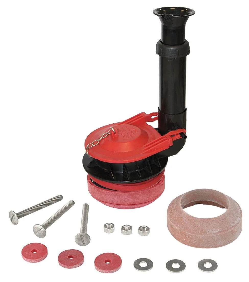 Korky 5030BP flush valve kit in black and red plastic rubber and stainless steel