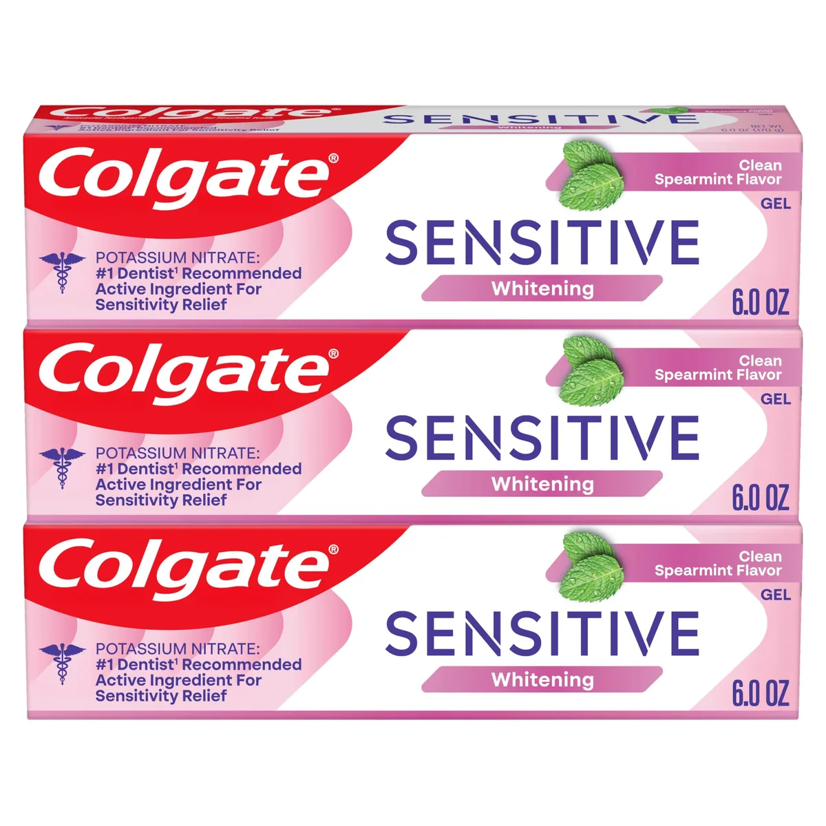 Three white 6 oz toothpaste tubes with flip caps in spearmint gel formula