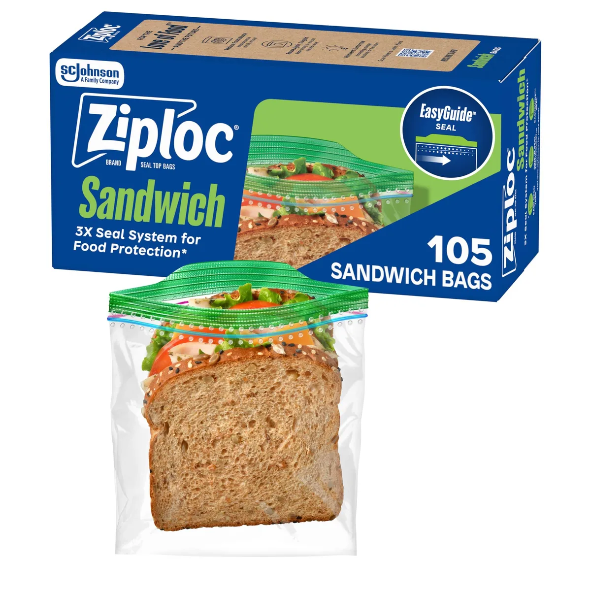 Clear resealable plastic sandwich bags, 105 count, lightweight rectangular box