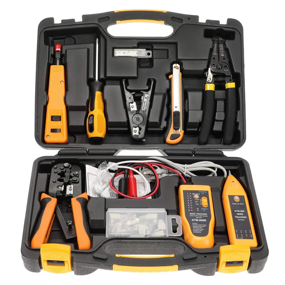 Red 15-piece network tool kit in hard case with crimper, tester, punch-down tool, screwdriver and knife