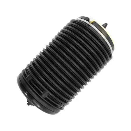 Black cylindrical rubber air spring with metal mounting plate and threaded fitting