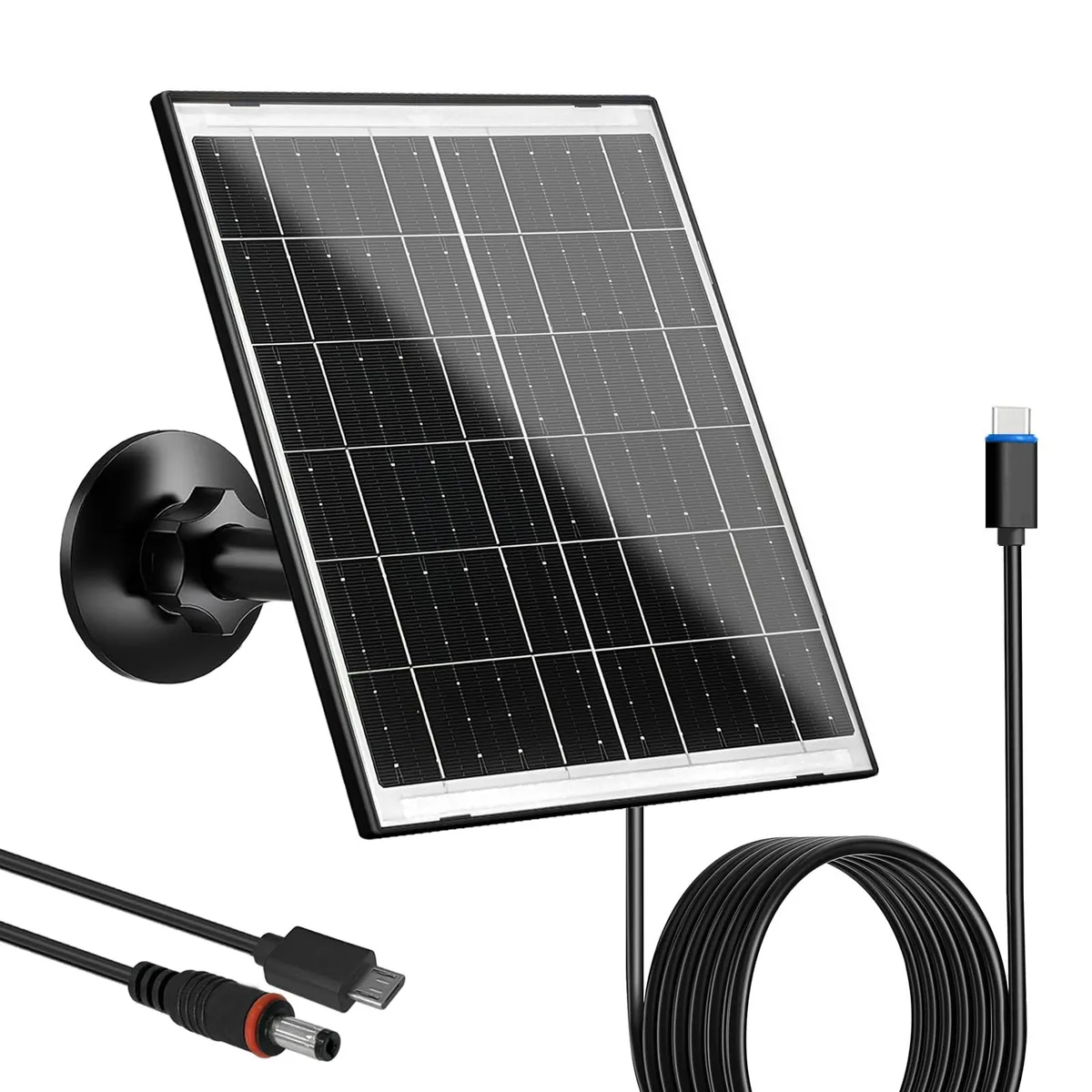 Rectangular black solar panel with adjustable bracket and long cable
