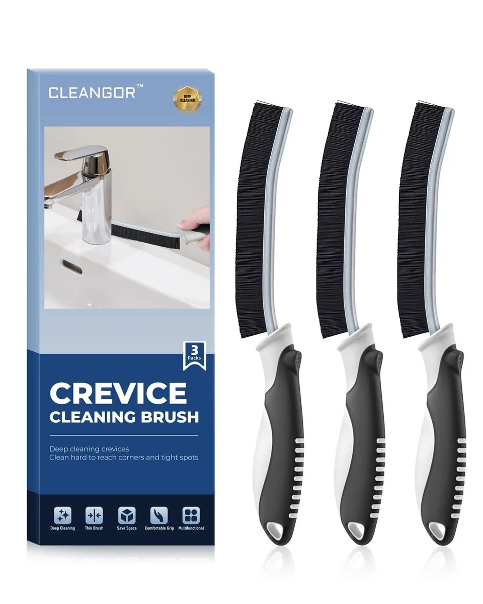 A set of crevice cleaning brushes with narrow heads and ergonomic handles