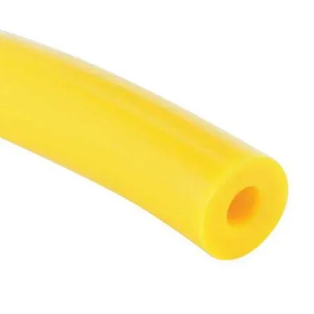 Yellow polyurethane round belt on spool, hollow core, smooth surface, 100 ft length