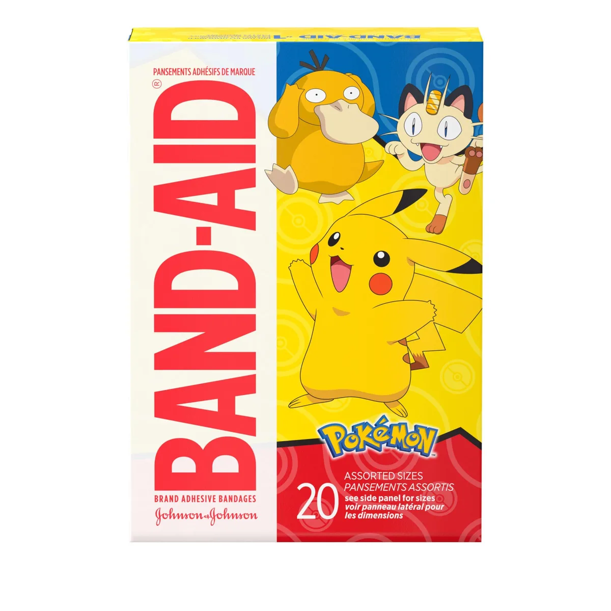 Box of 20 Pokémon Band-Aid adhesive bandages with Pikachu, Psyduck and Charmander designs