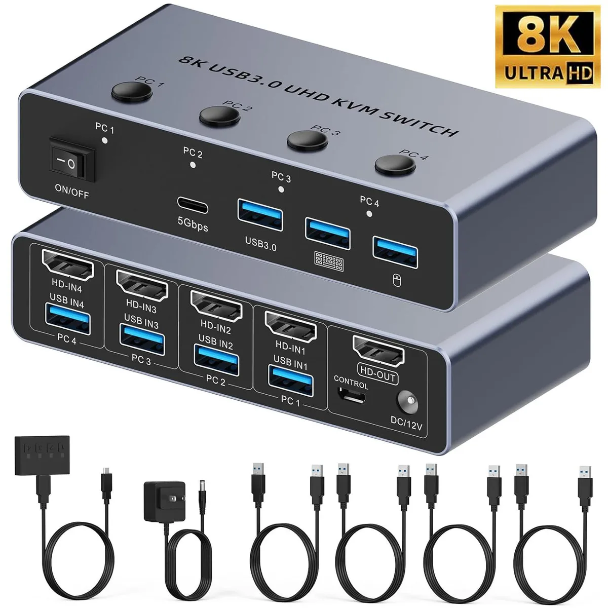 Hitoor Hitoor 4-Port HDMI KVM Switch 8K@60Hz 4K@120Hz 3 USB-A 1 USB-C — product photo
