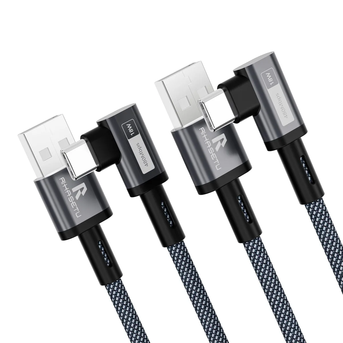  Rikasetu USB-A to USB-C Right Angle Cable 2ft 2-Pack Black 3A 480Mbps — product photo