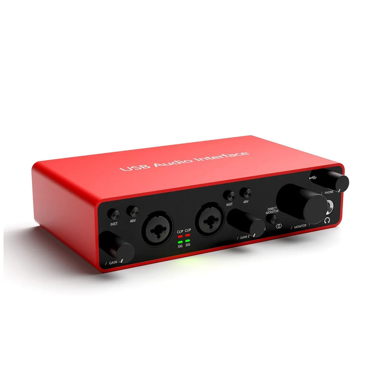 Compact black audio interface with two XLR combo ports and a USB-C connector