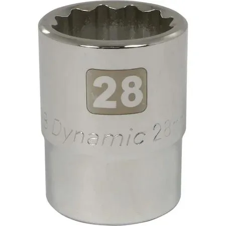 Chrome 3/4" drive 28mm 12-point socket with knurled ring and laser-etched markings
